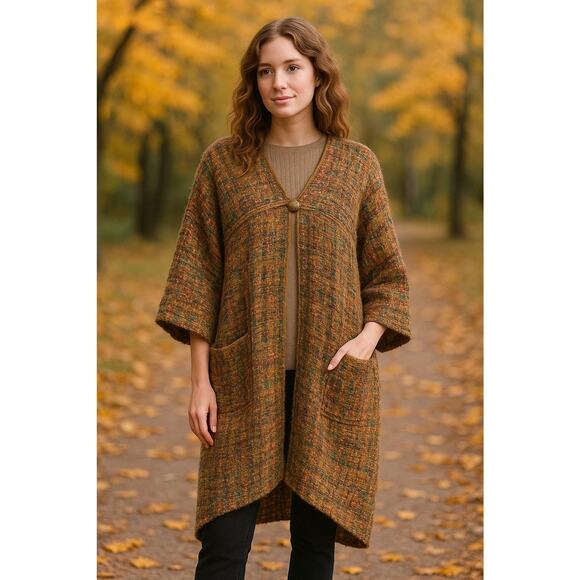Boho Artisanal Boucle Wool Blend Kimono Coat Jacket Tweed Textured Sweater - Picture 2 of 12